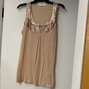 Elegant Sequin-Trimmed Tan Tank Top